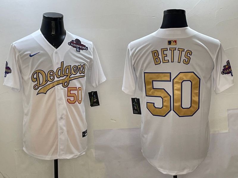 Men Los Angeles Dodgers #50 Betts White Champion gold character 2025 Nike MLB Jersey style 2->los angeles dodgers->MLB Jersey